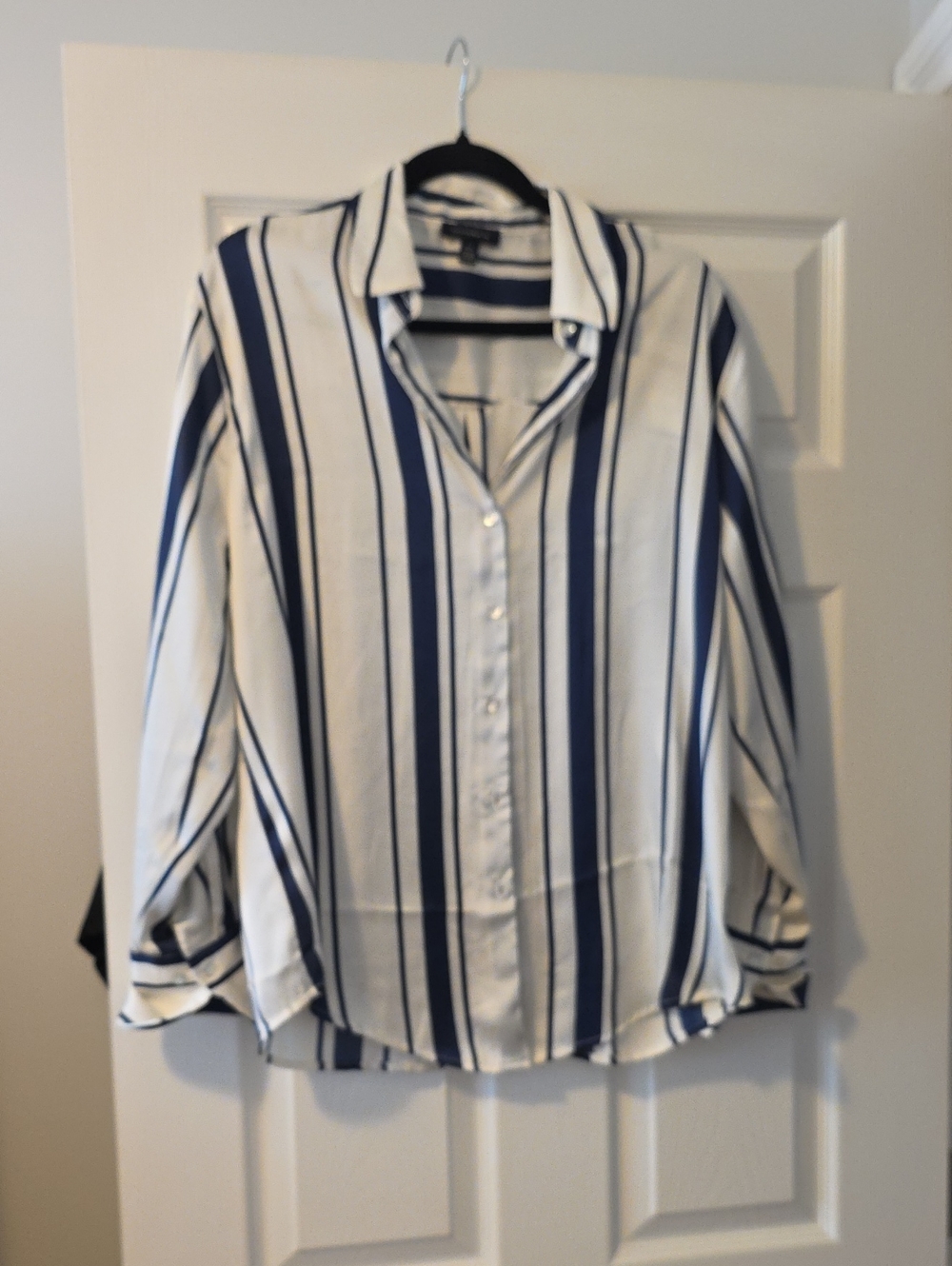 White & Navy Vertical Stripe Button-Up Blouse